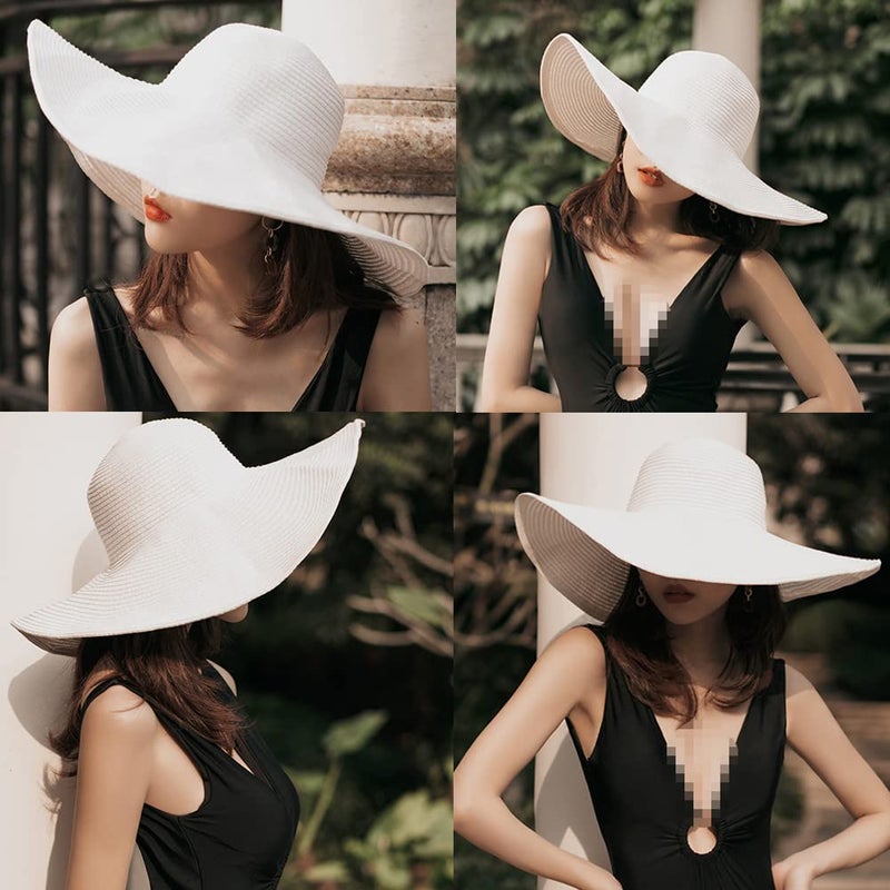 TOPWEL Women's Large Wide Brim Floppy Sun Hat Beautiful Solid Color Beach Sun Visor Shade Straw Hat Cap Summer Beach Hat White - Image 3